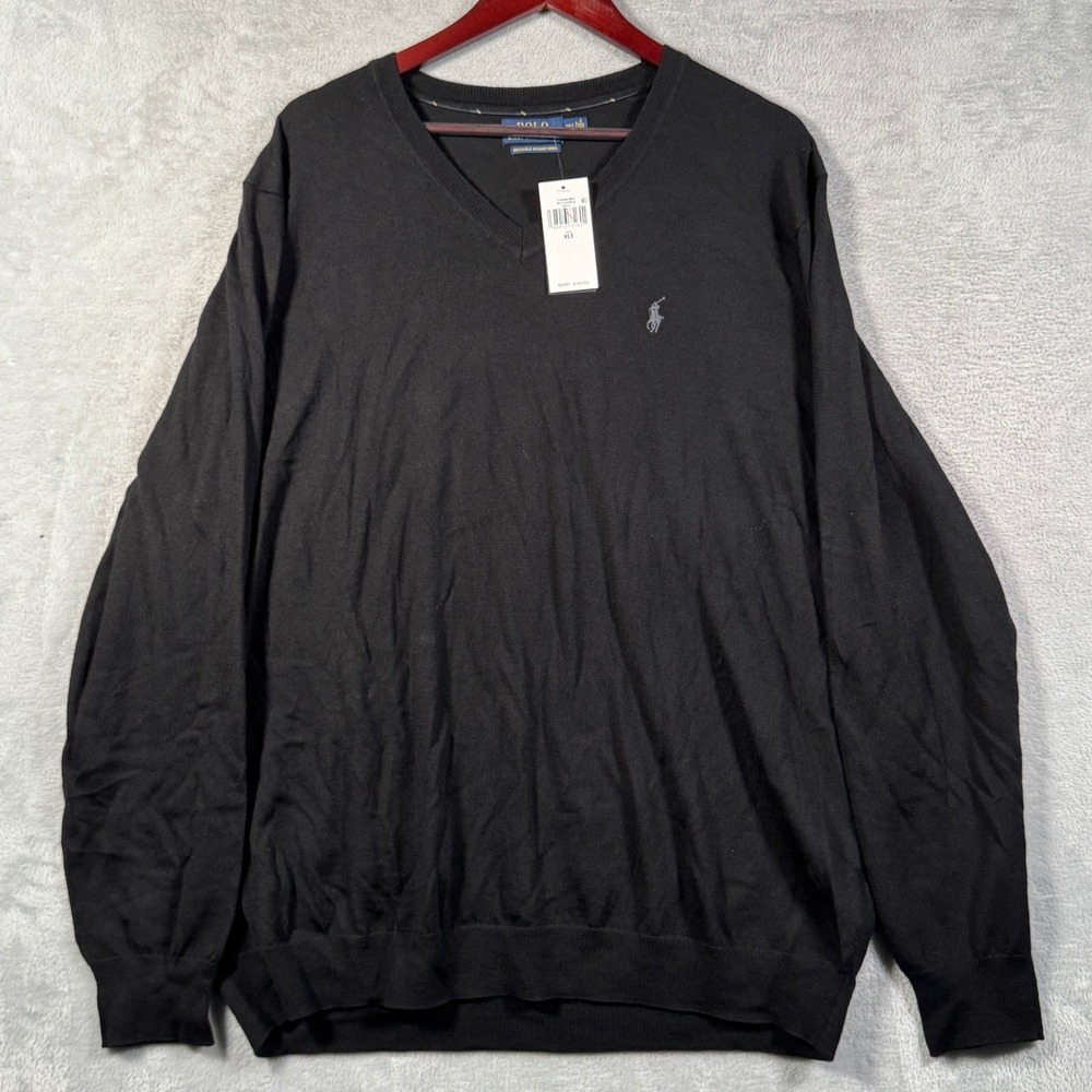 Polo Ralph Lauren Sweater Mens XLT XL Tall Black Merino Wool V-Neck Washable